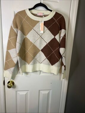 CD M Argyle Pattern Crewneck Sweater - Cream & Brown Size Small.